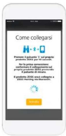 Come collegarsi Premare il pulsante 'S' sul proprio produotto ZISS per 10 secondi. Por la prima conessione confermare il collegamente sul proprio prodotto ZISSE premende il pulsante di risura. Il prodotto ZISS orà è collegato a ZISS Hunting via Bluetooth. Rename