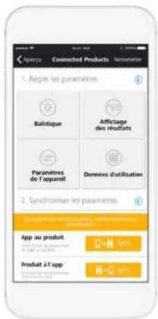 Apersa Connected Products 1. Régie les paramètres Balistique Affichage des nuifiats Paramètres de l'apparel Données d'utilisation 2. Synchronise les paramètres App au produit Produit à l'app App + 50%