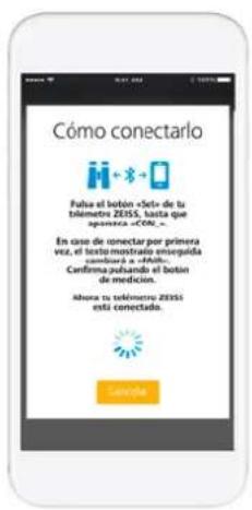 Cómo conectarlo Fulha el botón «Leto de tu tiémetro ZEISS, hasta que apanaza «CN» > En caso de conectar por primera vez, el texto monstrao enseguida condicará a «Auto». Confirma pendando el botón de medición. Ahora tu telómetro ZEISS está conectado.