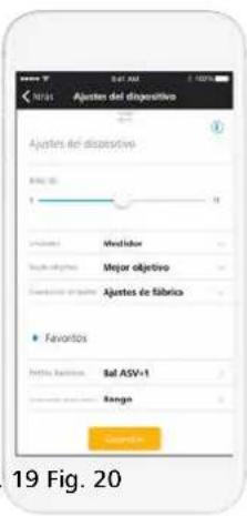 Ajustes del dispositivo Ajustes del dispositivo Bajo de 1 Mediquer Mejor objetivo Ajustes de fábrica Favantos Retino basilaria Sal ASV+1 Rango 19 Fig. 20