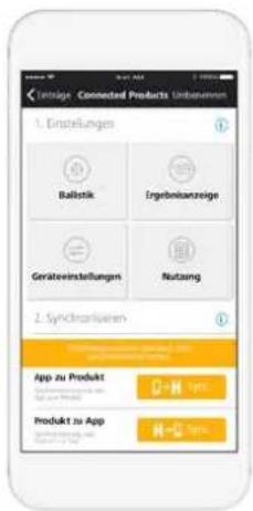 1. Erstellungen Ballistik Ergebnisanzeige Gerätenstellungen Nutzung 2. Syndarisierten App zu Produkt Produkt zu App
