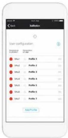 Back Ballolics User configuration Description of profile Profile 1 Profile 2 Profile 3 Profile 4 Profile 5 Profile 6 Profile 7 Add Profile