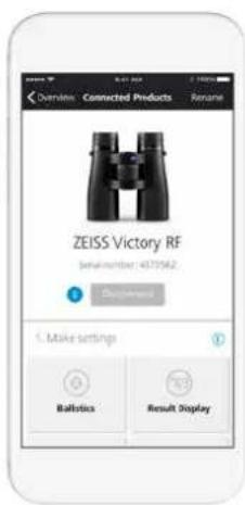 Overlines Connected Products Rename ZEISS Victory RF Serial number: 437562 1. Make settings Balstics Result Display