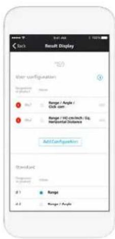 User configuration Range / Angle / Click com Range / WC cm/mch / Eq. Horizontal Distance Add Configuration Standard Range / Angle d1 Range / Angle