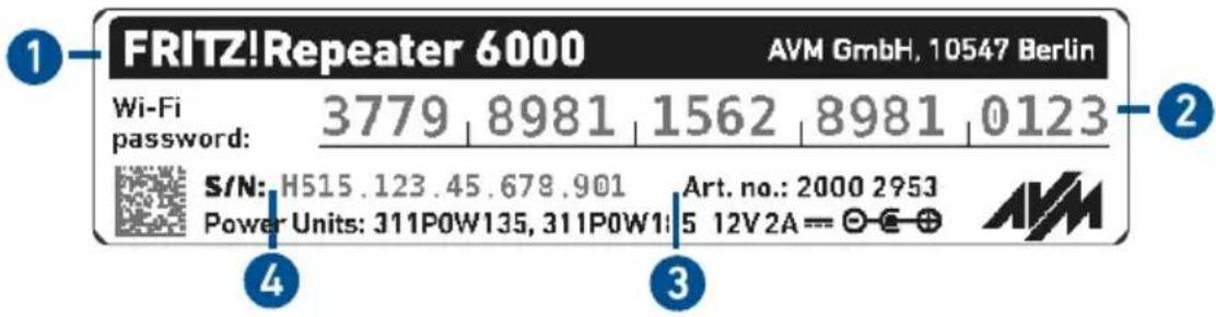 FRITZ!Repeater 6000 AVM GmbH, 10547 Berlin Wi-Fi 3779 | 8981 | 1562 | 8981 | 0123 password: S/N: H515.123.45.678.901 Art. no.: 2000 2953 Power Units: 311P0W135, 311P0W1:5 12V2A= = -€-⊕ AVM