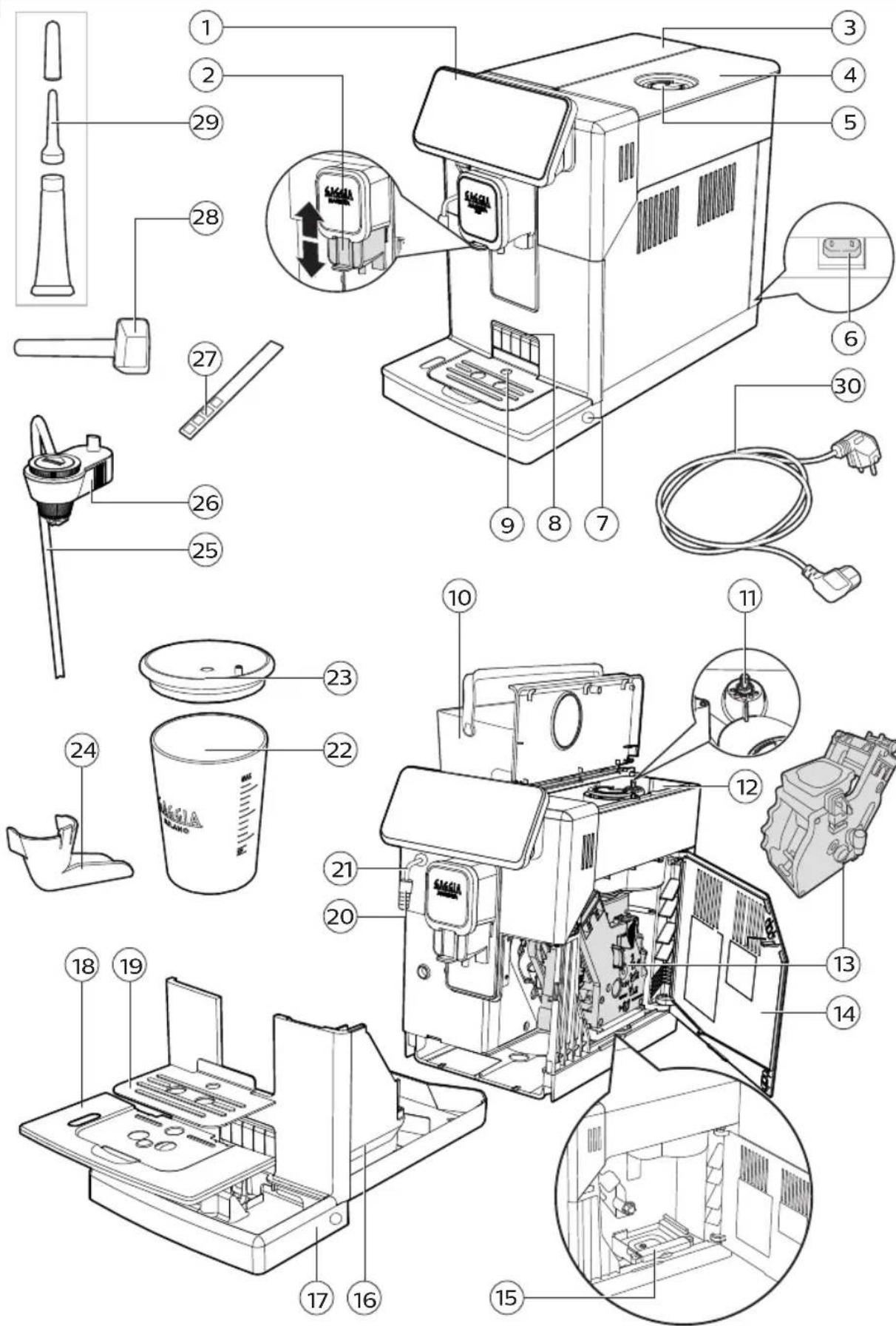Exploded view diagram of a washing machine with numbered parts and internal components