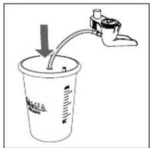 Diagram of a gas collection device with a container and pump, showing liquid level indicator and flow direction