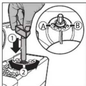 Diagram illustrating a mechanical device with labeled parts and a magnified view showing component A and B.