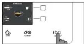 Diagram showing a device control panel with icons for battery, switch, and display, alongside a hand cursor pointing to a button.