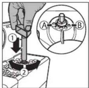 Technical diagram showing a mechanical assembly with labeled parts and an inset view of a mechanical component with parts A and B.