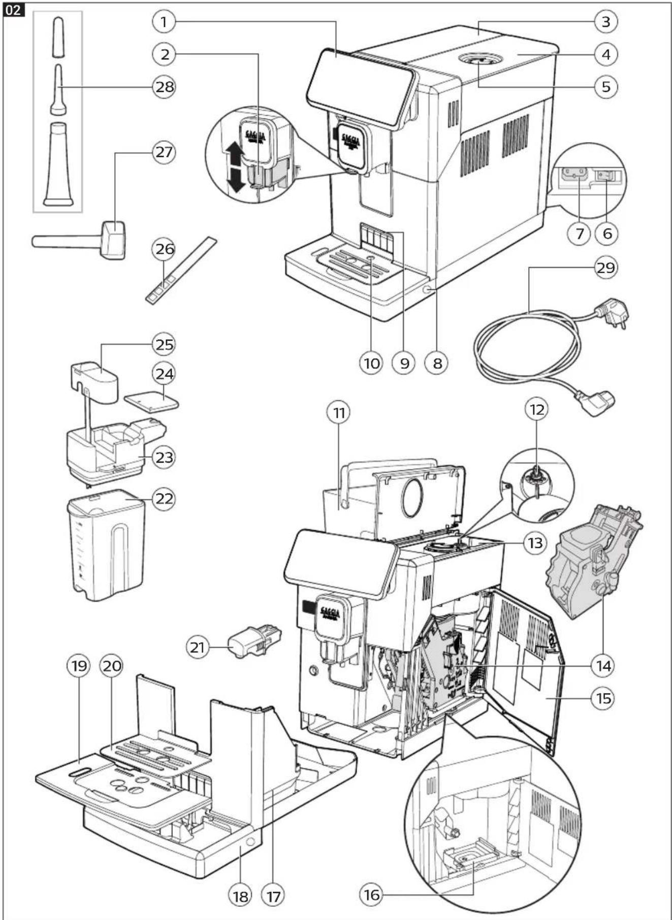 Exploded view diagram of a washing machine with numbered parts and internal components