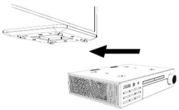Diagram showing a device with a screen and an arrow indicating direction, likely illustrating a process or transformation.