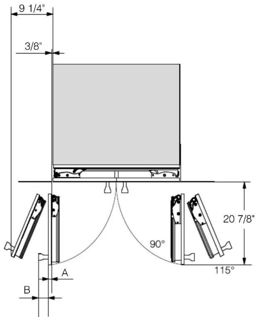 MIELE KF 2982 SF - Dimensions avec les portes de l'appareil ouvertes (angle d'ouverture 90°/115°) - 1