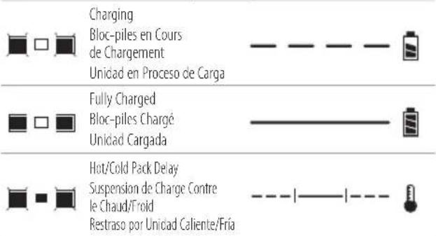 Charging Bloc-piles en Cours de Chargement Unidad en Proceso de Carga Fully Charged Bloc-piles Chargé Unidad Cargada Hot/Cold Pack Delay Suspension de Charge Contre le Chaud/Froid Restraso por Unidad Caliente/Fria