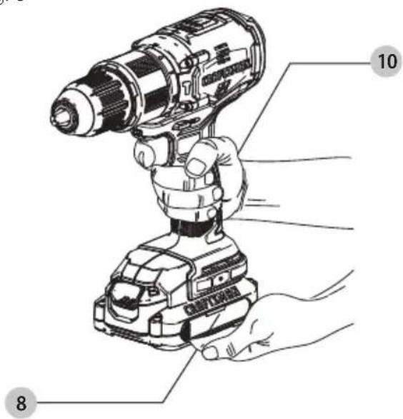 Technical diagram of a handheld electric drill press with numbered parts labeled 8 and 10