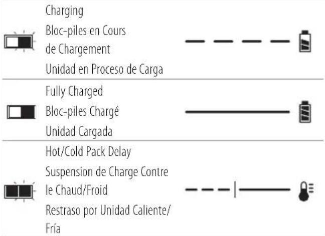 Charging Bloc-piles en Cours de Chargement Unidad en Proceso de Carga Fully Charged Bloc-piles Chargé Unidad Cargada Hot/Cold Pack Delay Suspension de Charge Contre le Chaud/Froid Restraso por Unidad Caliente/ Fría