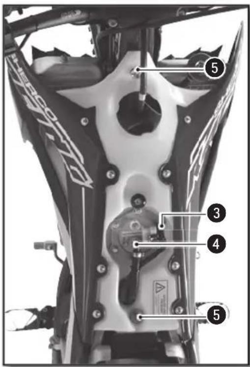Labeled diagram of a motorcycle body with numbered parts, likely for safety or repair instructions.