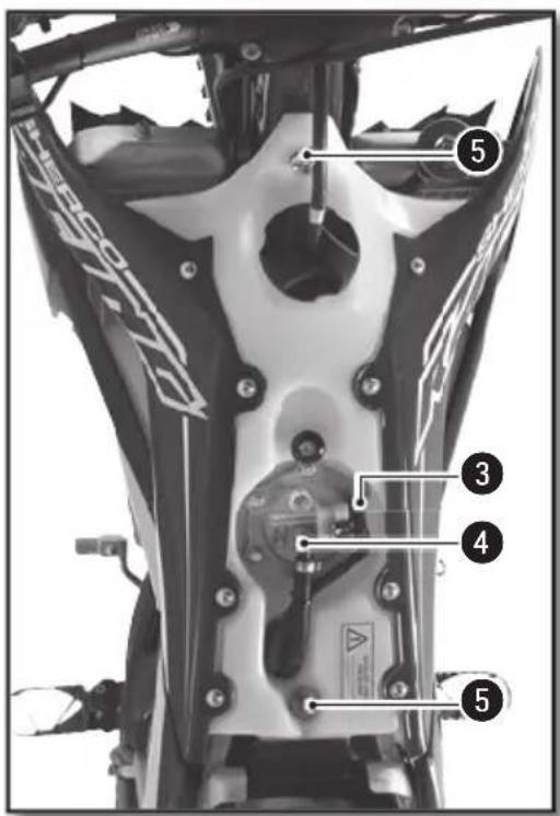 Labeled diagram of a motorcycle body with numbered parts, likely for safety or repair instructions.