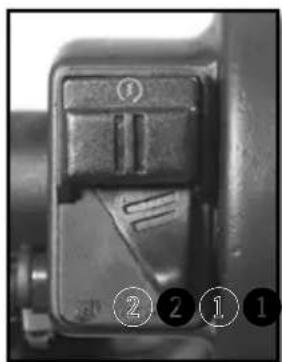 Close-up of a mechanical component with numbered callouts indicating parts ①, ②, ①, and ②.