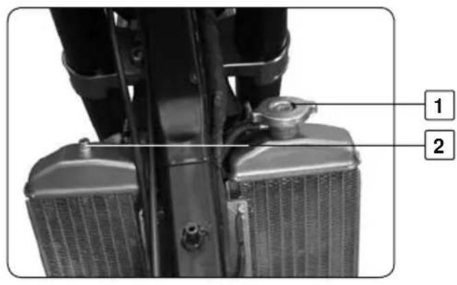 Technical diagram of a vehicle radiator assembly with labeled parts 1 and 2