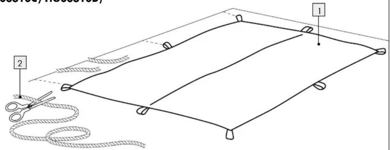 Diagram showing a folding kite with scissors and rope, labeled parts 1 and 2
