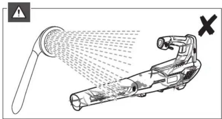 Diagram illustrating a handheld device emitting spray, with warning symbol and cross mark indicating failure or absence.
