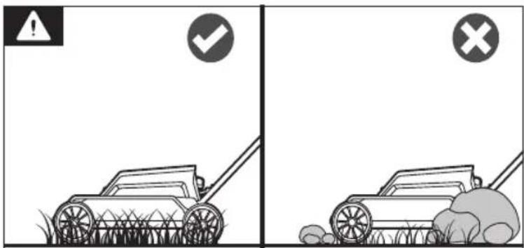 Two-panel cartoon showing a grass lawshaw and a vehicle with a checkmark and cross symbols, likely illustrating environmental or agricultural safety issues.