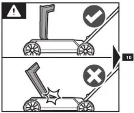 Diagram illustrating a manual lawn tool with warning symbols and collision arrows, showing correct and incorrect states.