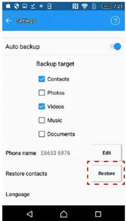 Settings Auto backup Backup target Contacts Photos Videos Music Documents Phone name E6653 6976 Edit Restore Restore Language