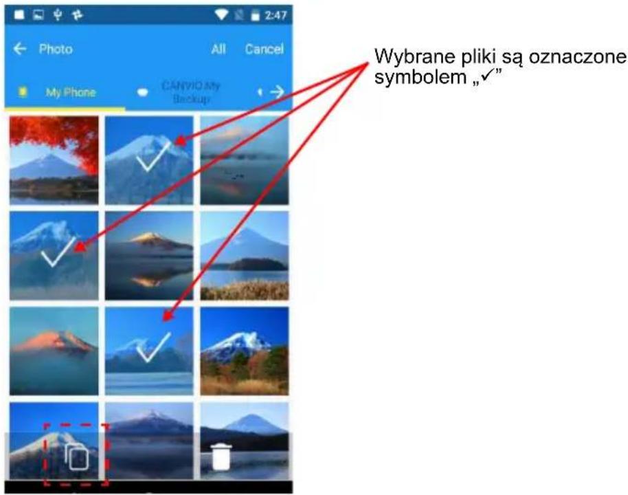 Photo All Cancel My Phone CANVIO My Backup Wybrane pliki są oznaczone symbolem „✓”