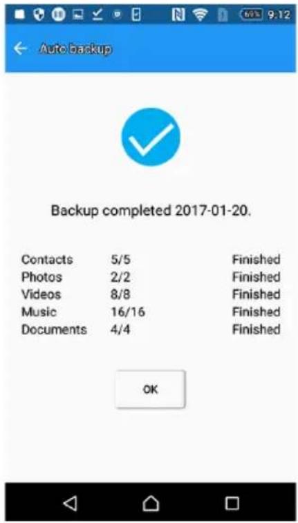 Auto backup Backup completed 2017-01-20. Contacts 5/5 Finished Photos 2/2 Finished Videos 8/8 Finished Music 16/16 Finished Documents 4/4 Finished OK