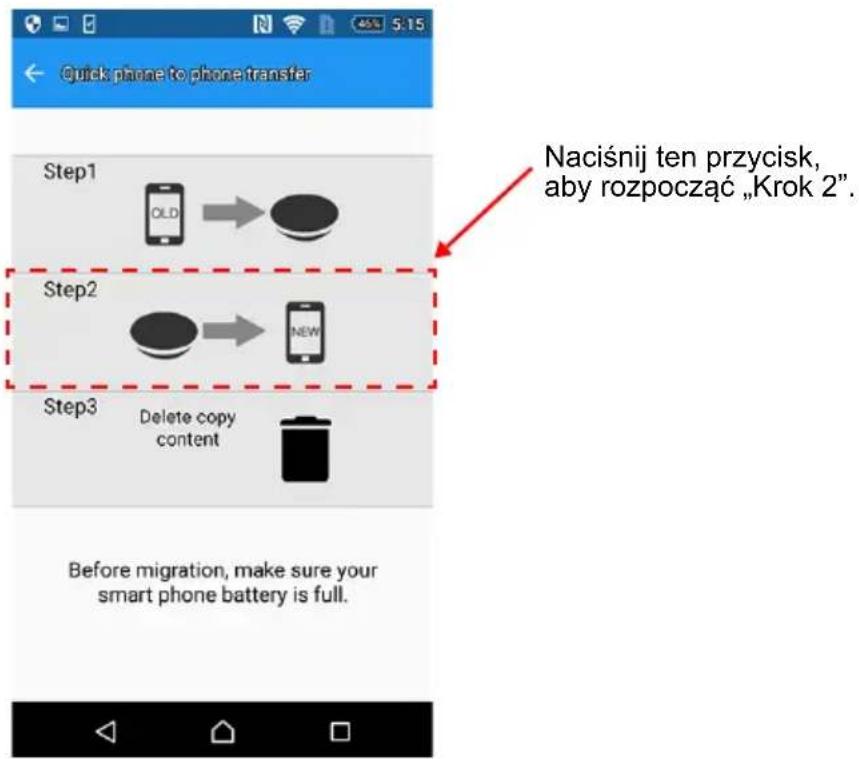 Quick phone to phone transfer Step1 OLD → Step2 NEW Step3 Delete copy content Before migration, make sure your smart phone battery is full. Naciśnij ten przycisk, aby rozpocząć „Krok 2”.