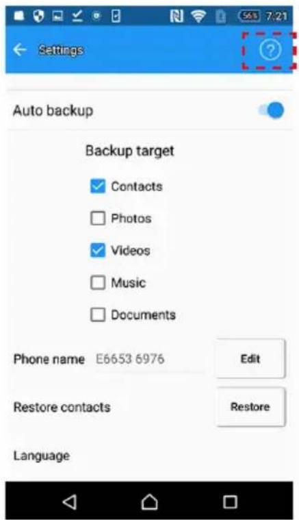 Settings Auto backup Backup target Contacts Photos Videos Music Documents Phone name E6653 6976 Edit Restore contacts Restore Language