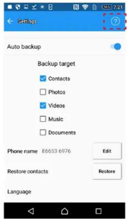 Settings Auto backup Backup target Contacts Photos Videos Music Documents Phone name E6653 6976 Edit Restore contacts Restore Language