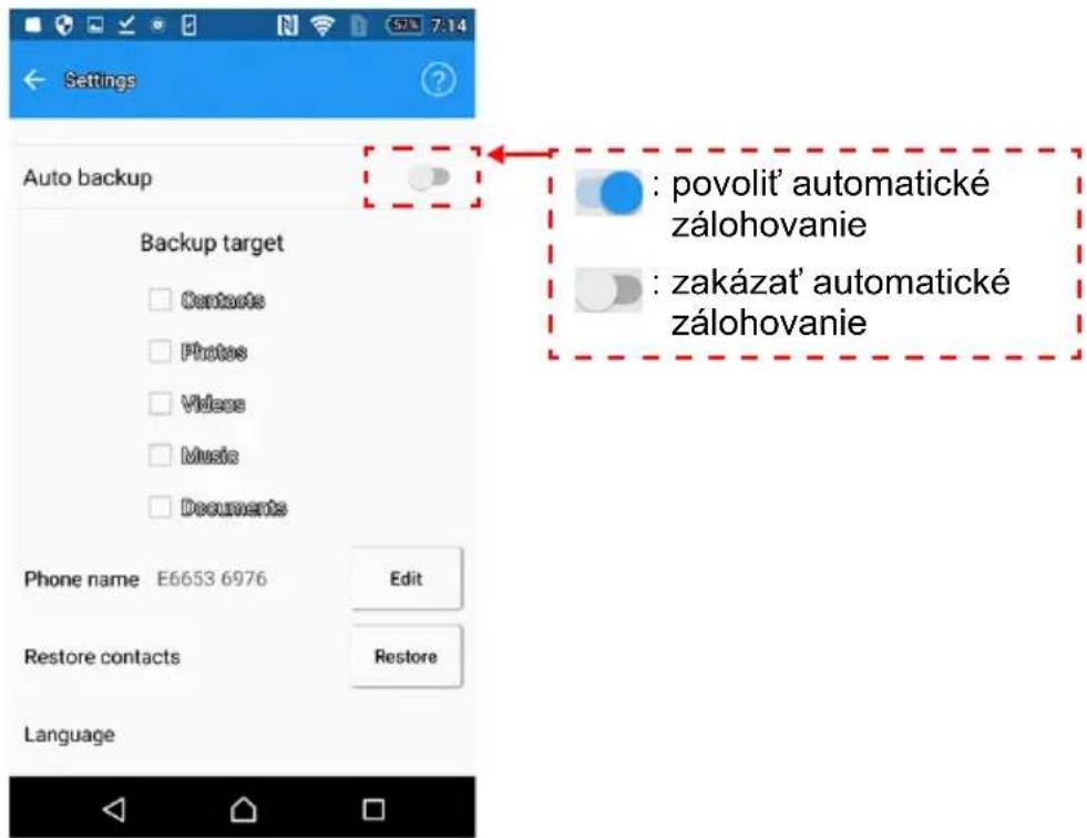 Settings Auto backup Backup target Contacts Photos Videos Music Documents Phone name E6653 6976 Edit Restore contacts Restore Language : povolit' automatické zálohovanie : zakázat' automatické zálohovanie