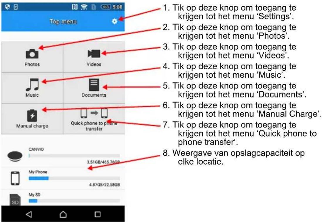 1. Tik op deze knop om toegang te krijgen tot het menu 'Settings'. 2. Tik op deze knop om toegang te krijgen tot het menu 'Photos'. 3. Tik op deze knop om toegang te krijgen tot het menu 'Videos'. 4. Tik op deze knop om toegang te krijgen tot het menu 'Music'. 5. Tik op deze knop om toegang te krijgen tot het menu 'Documents'. 6. Tik op deze knop om toegang te krijgen tot het menu 'Manual Charge'. 7. Tik op deze knop om toegang te krijgen tot het menu 'Quick phone to phone transfer'. 8. Weergave van opslagcapaciteit op elke locatie. Top menu Photos Videos Music Documents Manual charge Quick phone to phone transfer CANVIO 3.51GB/465.76GB My Phone 4.87GB/22.59GB My SD