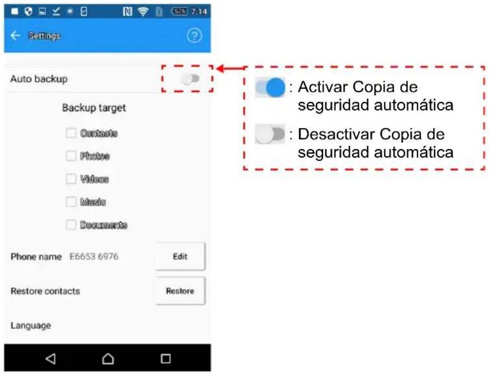 Settings Auto backup Backup target Contacts Photo Videos Music Documents Phone name E6653 6976 Edit Restore contacts Restore Language : Activar Copia de seguridad automática : Desactivar Copia de seguridad automática