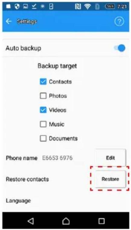 Settings Auto backup Backup target Contacts Photos Videos Music Documents Phone name E6653 6976 Edit Restore Restore Language