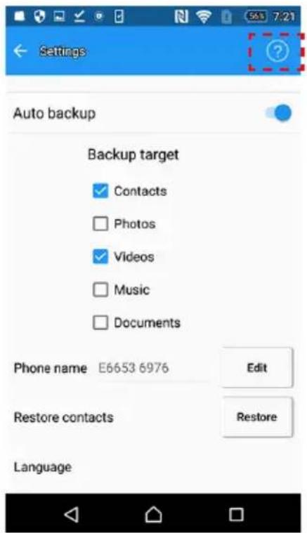 Settings Auto backup Backup target Contacts Photos Videos Music Documents Phone name E6653 6976 Edit Restore contacts Restore Language