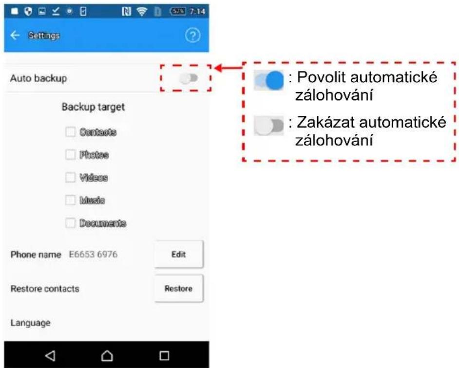 Settings Auto backup Backup target Contacts Photos Videos Music Documents Phone name E6653 6976 Edit Restore contacts Restore Language Povolit automatické zálohování Zakázat automatické zálohování