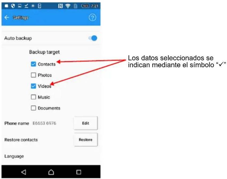 Settings Auto backup Backup target Contacts Photos Videos Music Documents Los datos seleccionados se indican mediante el símbolo “✓” Phone name E6653 6976 Edit Restore contacts Restore Language