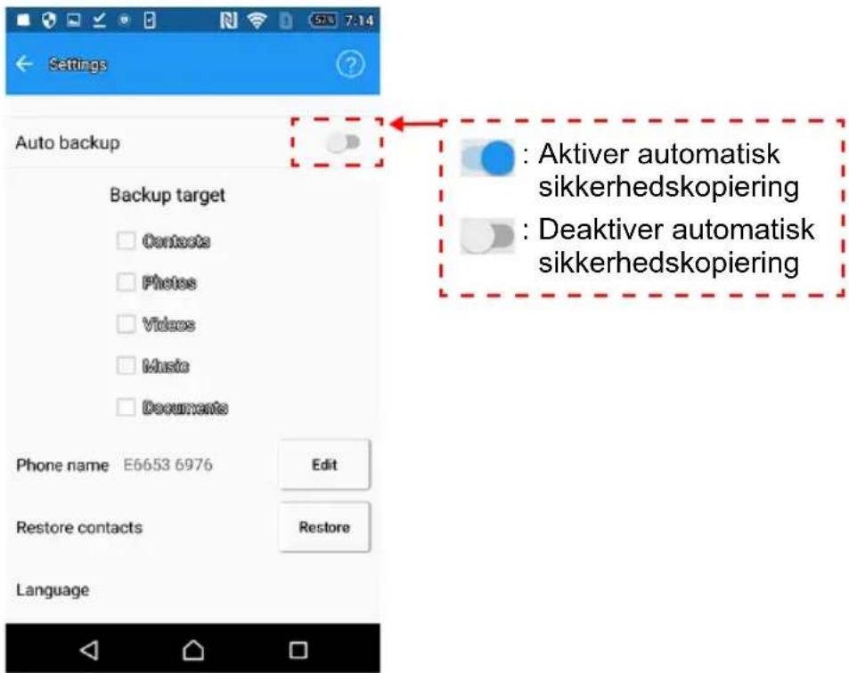 Settings Auto backup Backup target Contacts Photos Videos Music Documents Phone name E6653 6976 Edit Restore contacts Restore Language Aktiver automatisk sikkerhedskopiering Deaktiver automatisk sikkerhedskopiering