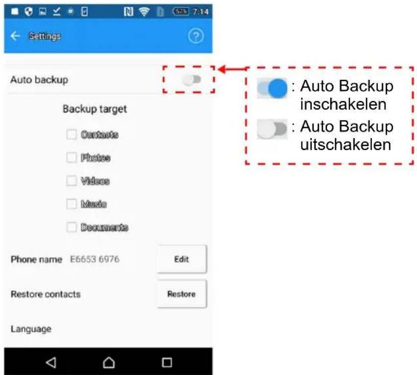 Settings Auto backup Backup target Contacts Photos Videos Music Documents Phone name E6653 6976 Edit Restore contacts Restore Language Auto Backup inschakelen Auto Backup uitschakelen