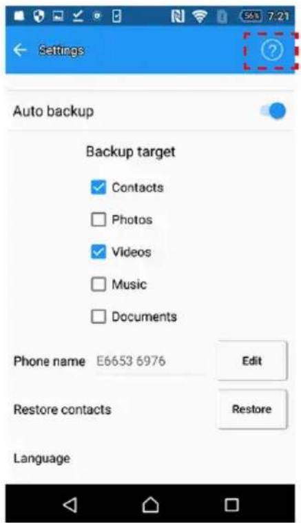 Settings Auto backup Backup target Contacts Photos Videos Music Documents Phone name E6653 6976 Edit Restore contacts Restore Language