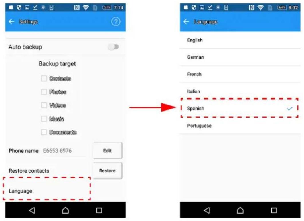 Settings Auto backup Backup target Contacts Photos Video Music Documents Phone name E6653 6976 Edit Restore contacts Restore Language Language English German French Italian Spanish ✓ Portuguese