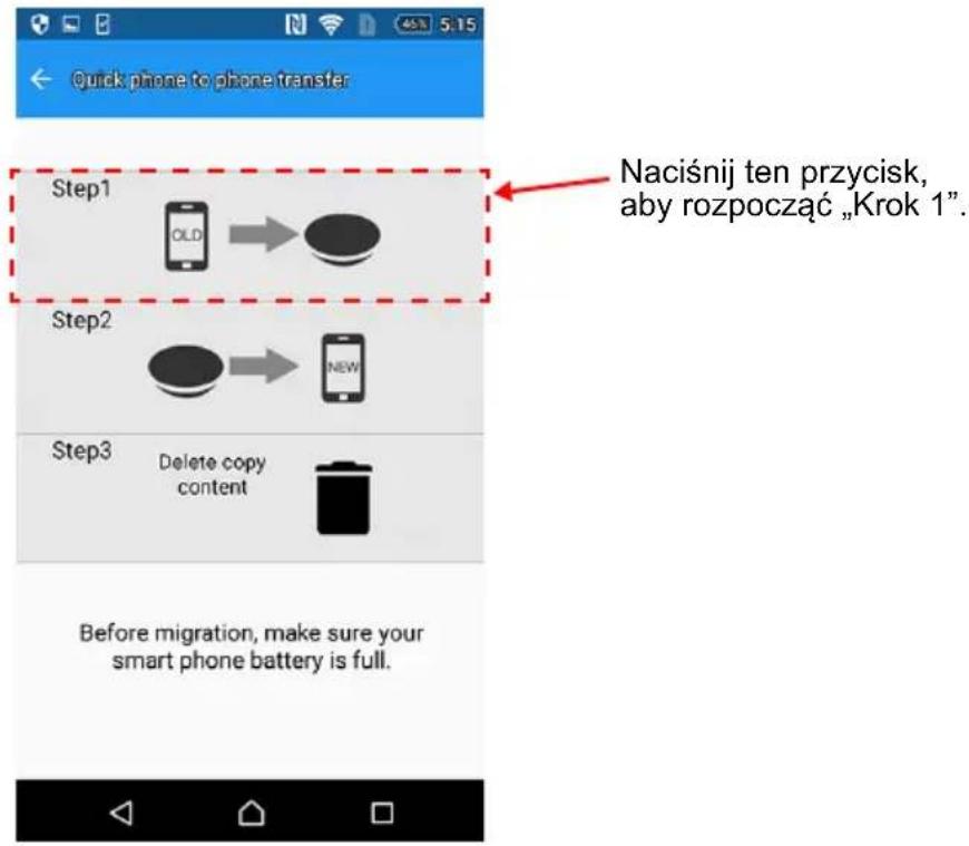 Quick phone to phone transfer Step1 OLD → Step2 NEW Step3 Delete copy content Before migration, make sure your smart phone battery is full. Naciśnij ten przycisk, aby rozpocząć „Krok 1”.