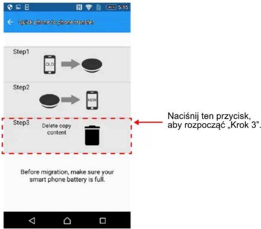 Quick phone to phone transfer Step1 OLD → Step2 NEW Step3 Delete copy content Before migration, make sure your smart phone battery is full. Naciśnij ten przycisk, aby rozpocząć „Krok 3”.