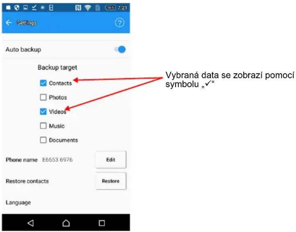 Settings Auto backup Backup target Contacts Photos Videos Music Documents Phone name E6653 6976 Edit Restore contacts Restore Language Vybraná data se zobrazí pomocí symbolu „√“