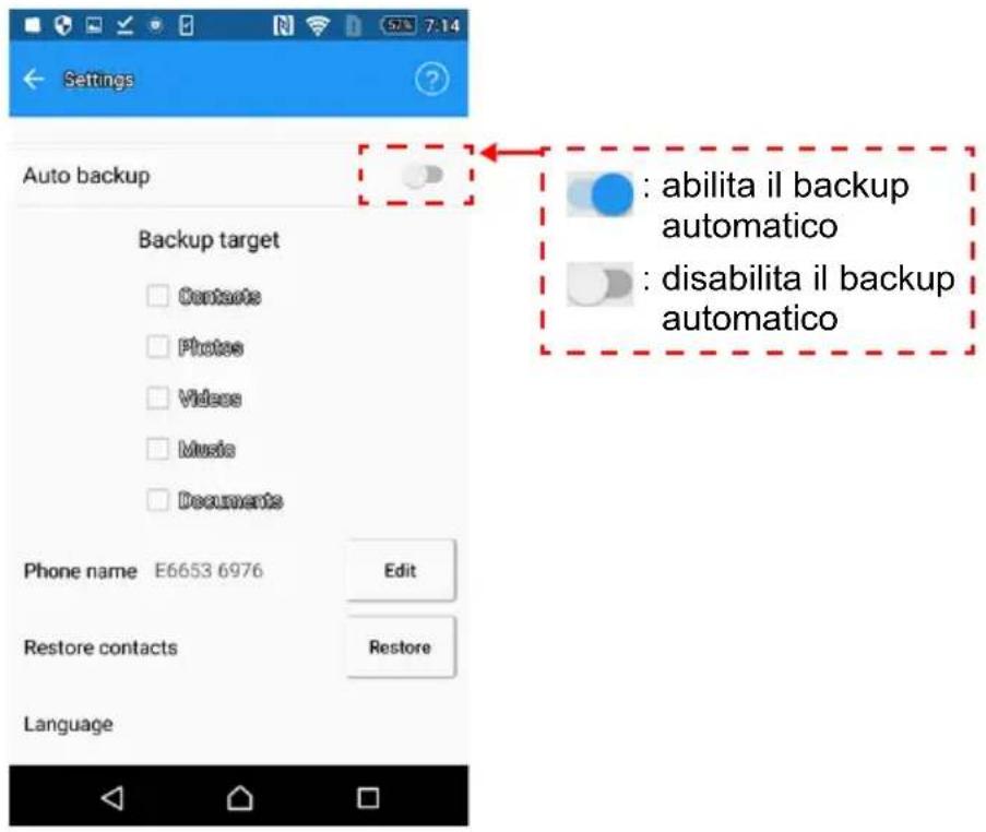 Settings Auto backup Backup target Contacts Photos Videos Music Documents Phone name E6653 6976 Edit Restore contacts Restore Language : abilita il backup automatico : disabilita il backup automatico