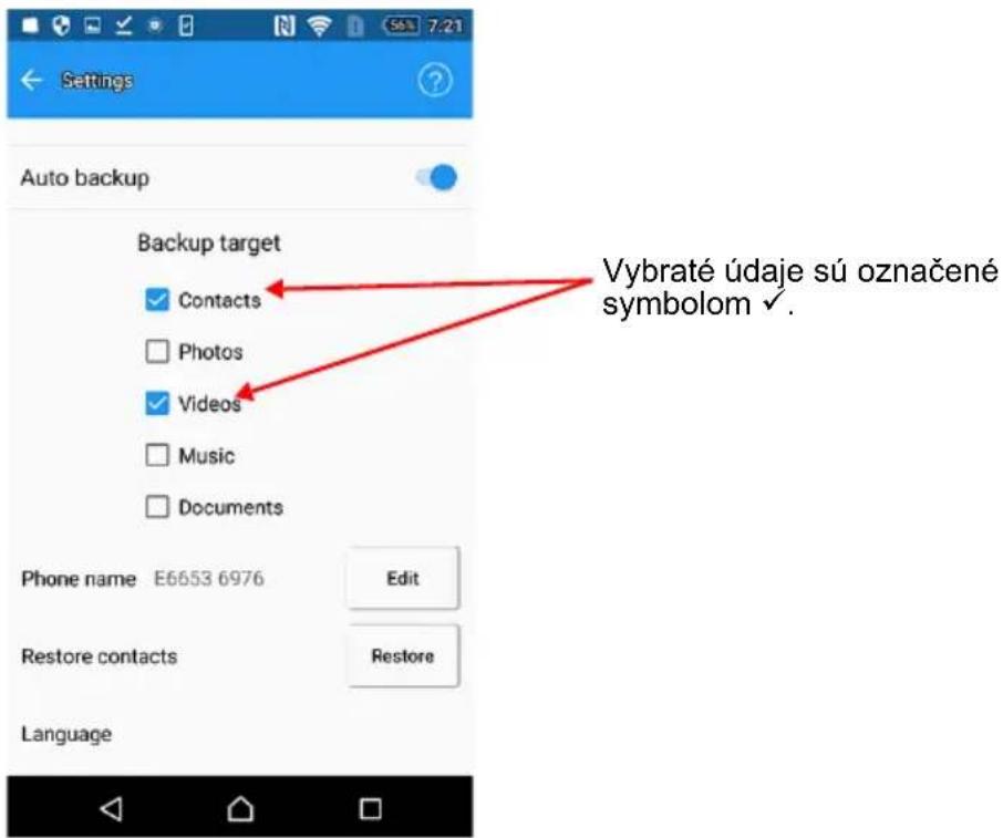 Settings Auto backup Backup target Contacts Photos Videos Music Documents Phone name E6653 6976 Edit Restore contacts Restore Language Vybraté údaje sú označené symbolom ✓.